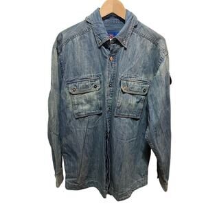 Survivalon denim shirt long sleeve button up utility blue shacket men's Large